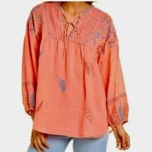 Johnny Was Workshop Bereginia embroidered V-neck blouse in a coral/pink color.